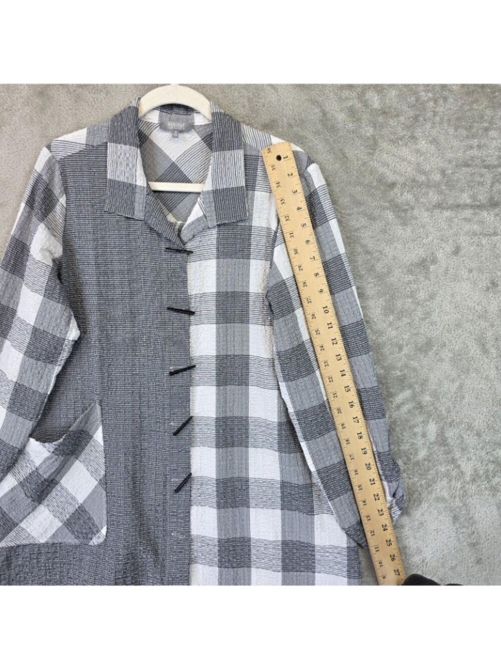 Habitat Button Up Shirt Womens M Gray Collared Long Roll Tab Sleeve Plaid Tunic - Picture 8 of 12